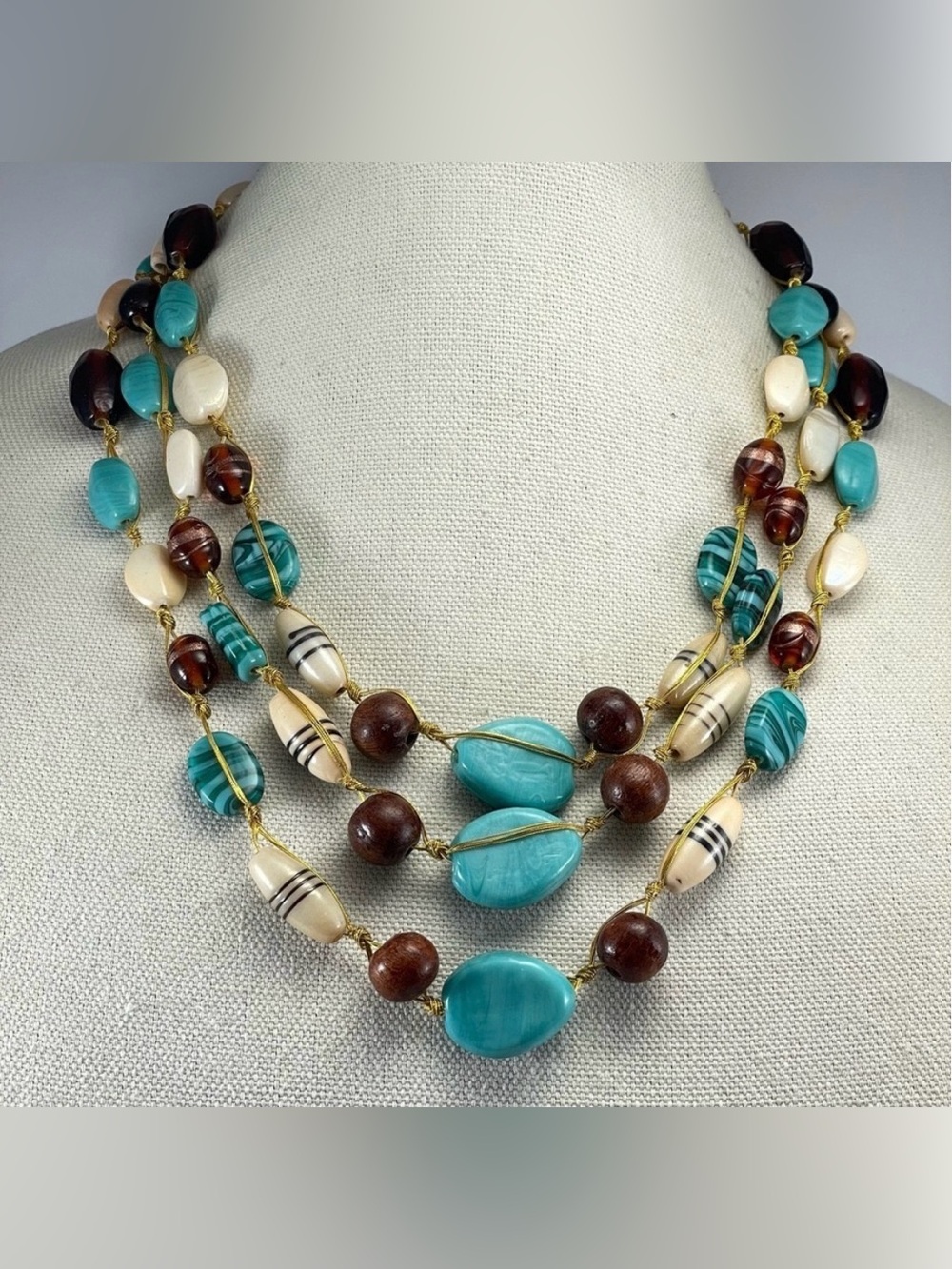 Stunning Vintage Glass Turquoise Howlite Beaded Corded Multi Layer Necklace
